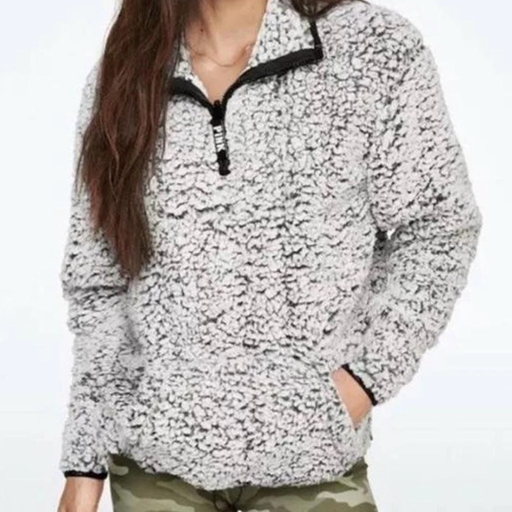 Victoria’s Secret PINK Sherpa Fleece Gray Black 1/4 Zip Pullover Sweatshirt S